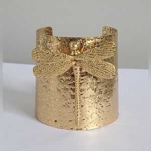 Vintage Style Gold Tone Hammered Metal Figural Dragonfly Wide Cuff Arm Bracelet